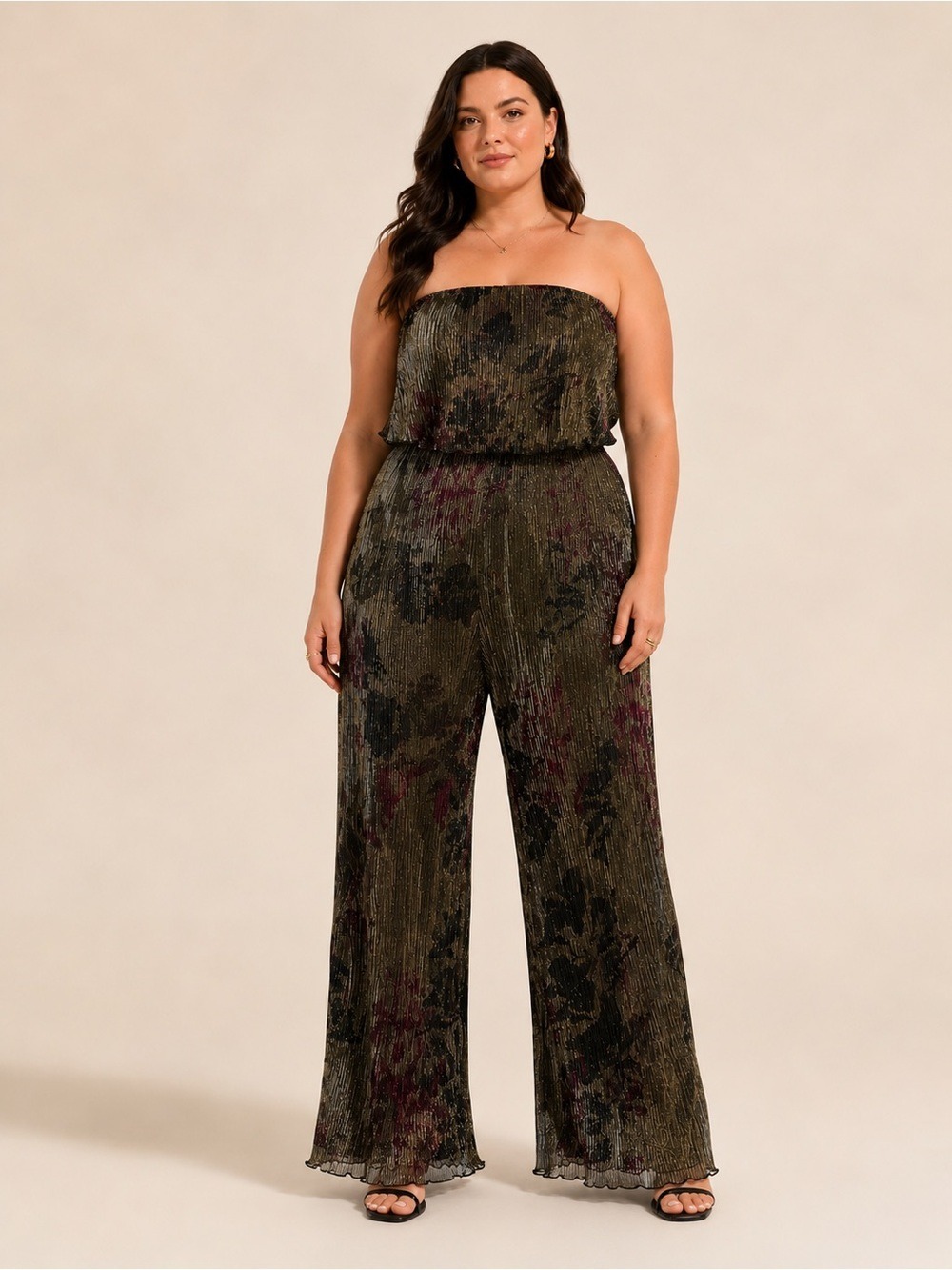 NWOT Wildfox XL Metallic Floral Pleated Strapless Wide Leg Jumpsuit Gold